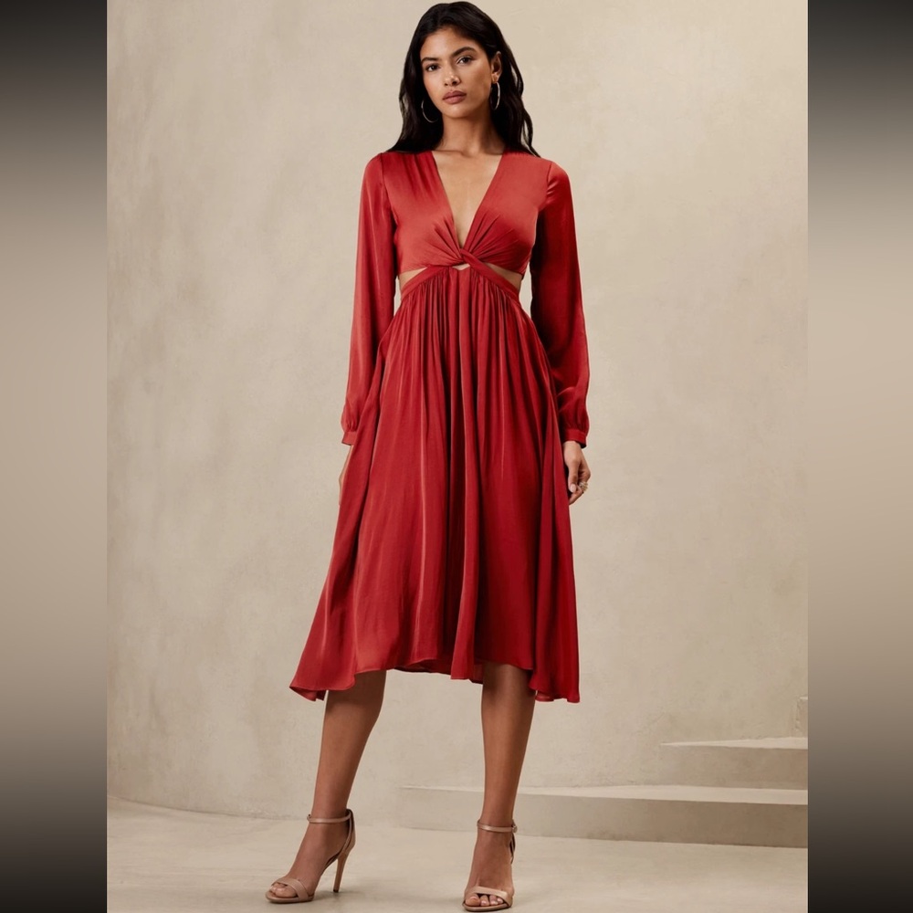 NWT Banana Republic | Red Cutout Midi Dress Size 12 Long Sleeve Twist Front